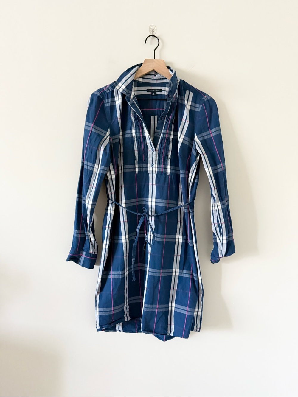 Tommy Hilfiger Navy White Pink Plaid Shirt Dress with Drawstring Waist Size M